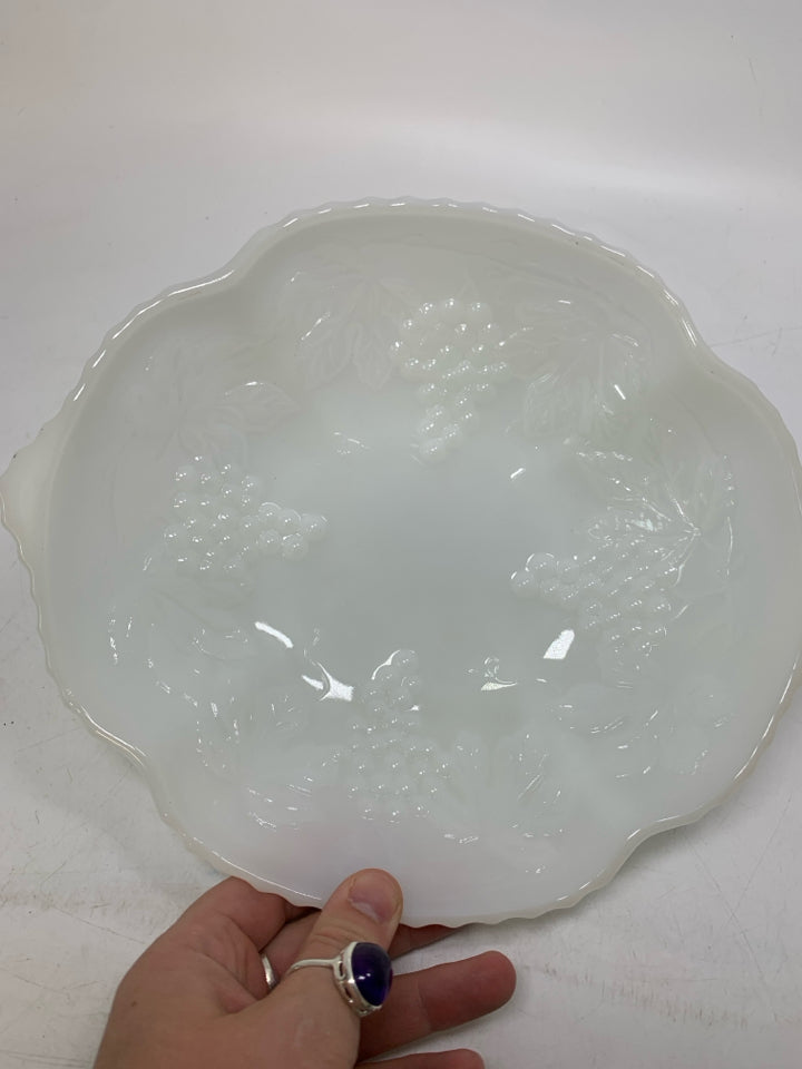 MILK GLASS BOWL W/ EMBOSSED GRAPES.