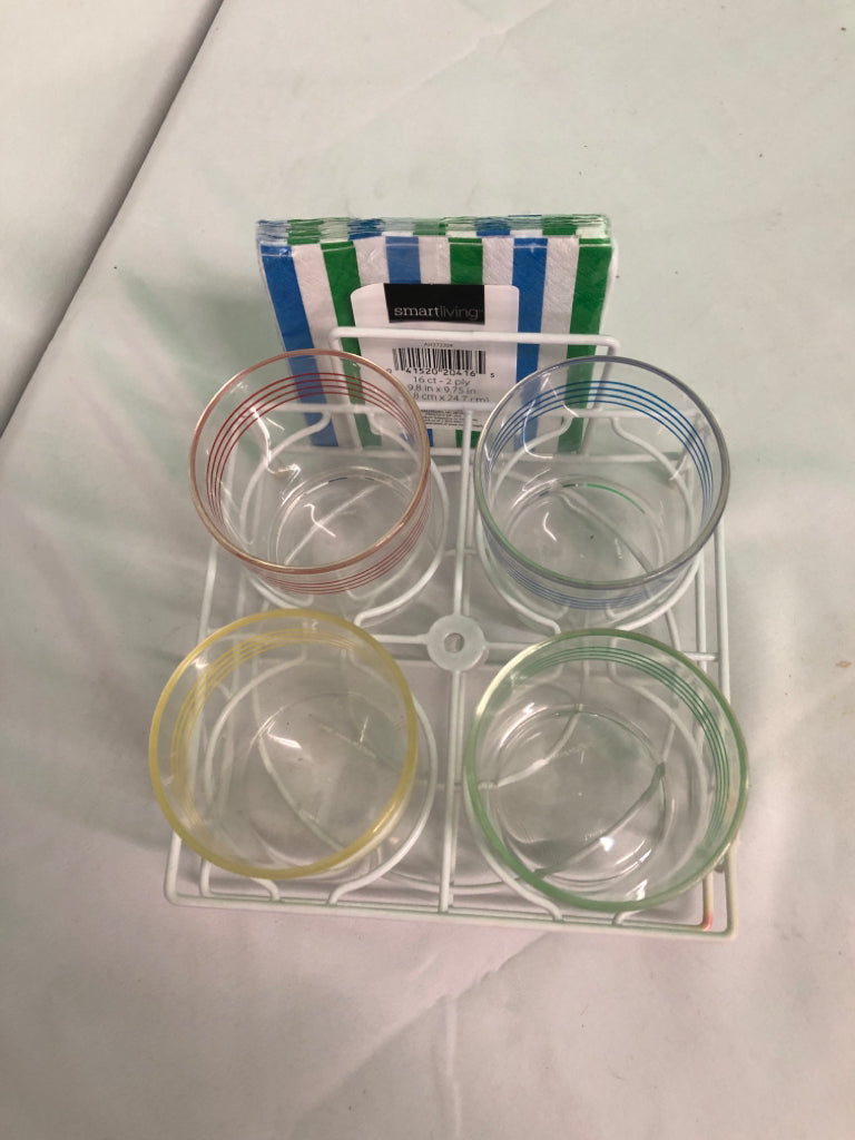 NEW MELAMINE CUP SET W NAPKINS AND METAL HOLDER.