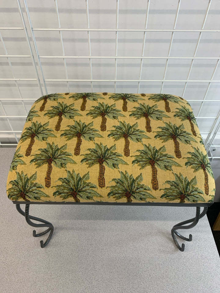 PALM TREE EMBROIDERED FOOT STOOL W/METAL LEGS.