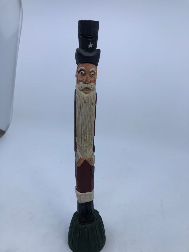 PRIMITIVE CARVED WOOD SANTA BLUE TOP HAT.