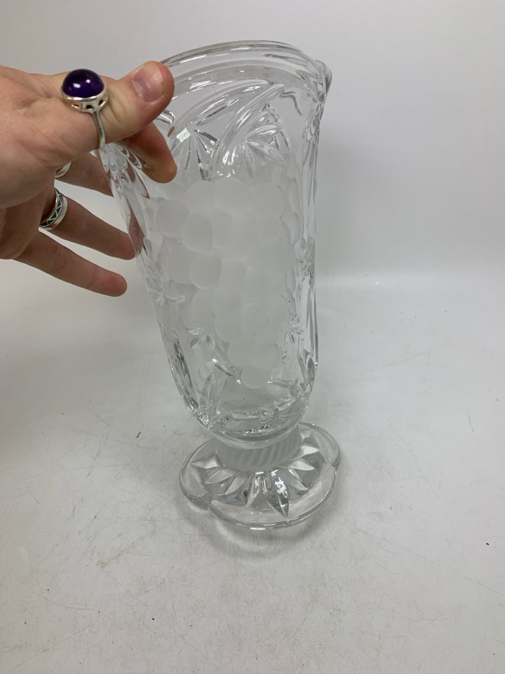 HEAVY FOOTED CRYSTAL VASE W/ FROSTED GRAPES.