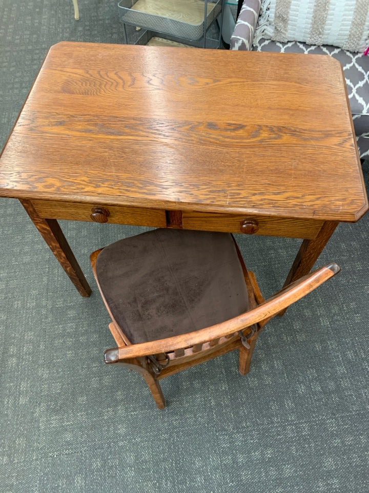 HEAVY WOOD DESK W/2 DRAWERS & CHAIR W/BROWN CUSHION.