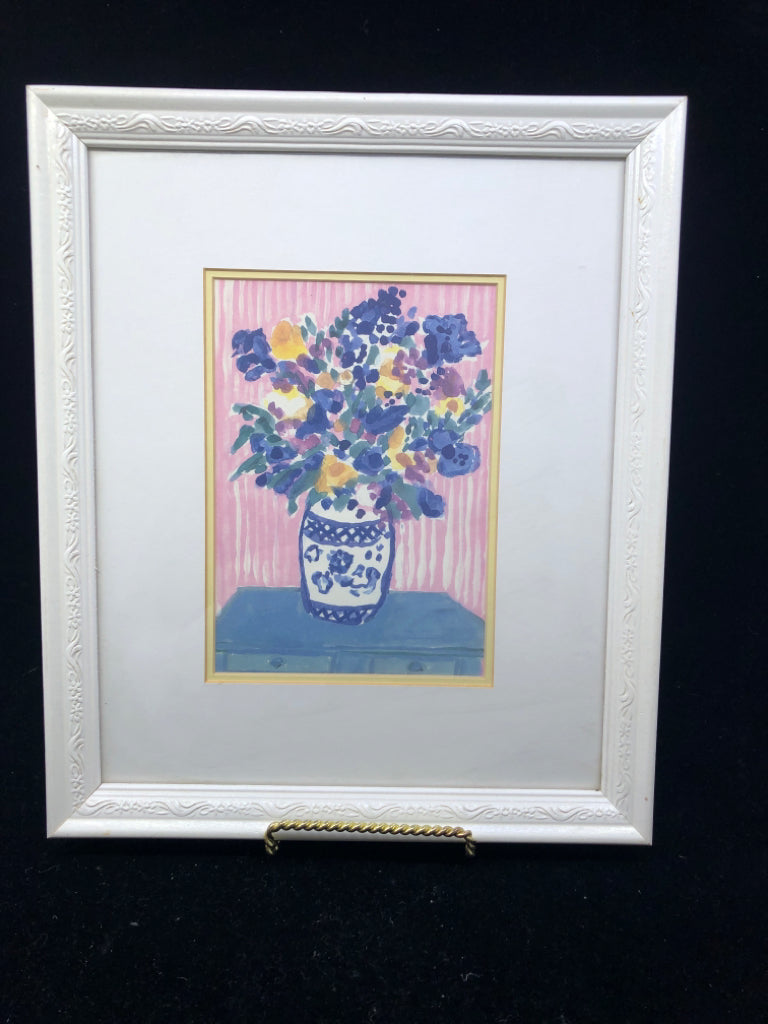 FLOWER BOUQUET, PINK STRIPED BACKGROUND WALL ART IN WHITE FRAME.