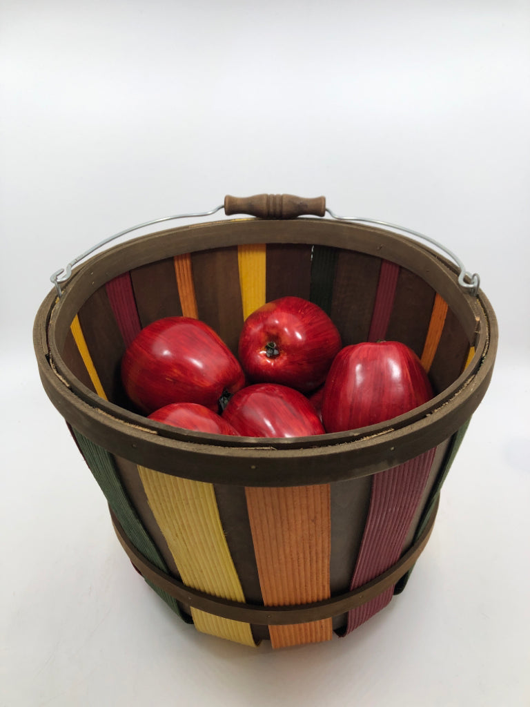 MULTI-COLORED WOODEN PAIL W/BAG OF APPLES.