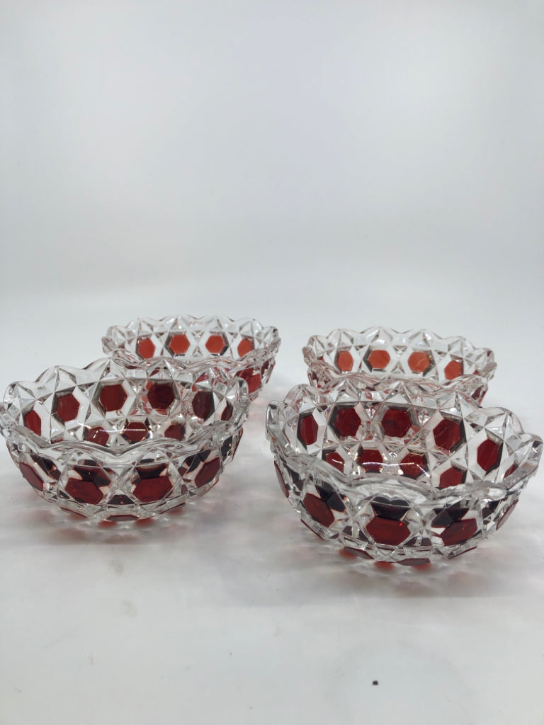 4 RED AND CLEAR GLASS NUT BOWLS.