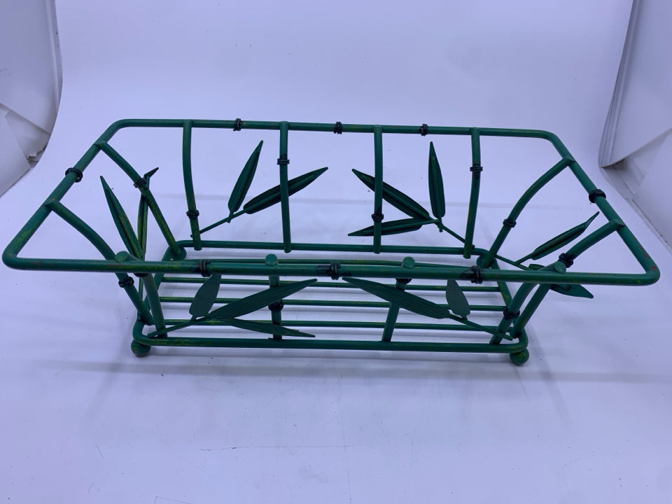 GREEN METAL RECTANGLE BAMBOO LOOK FOOTED PLANTER HOLDER.