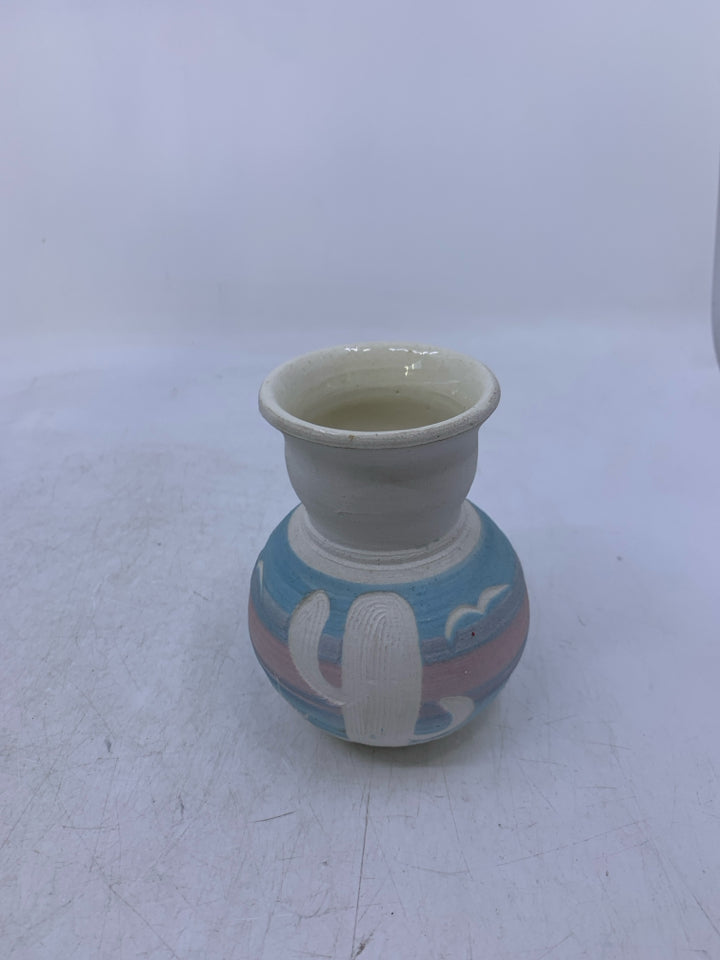 WHITE VASE W/ CACTUS BLUE/PINK LANDSCAPE.