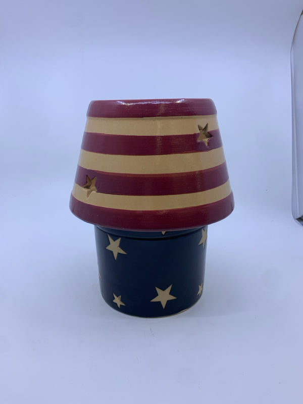 2 PC STRIPED AND STARS CANDLE HOLDER AND SHADE.