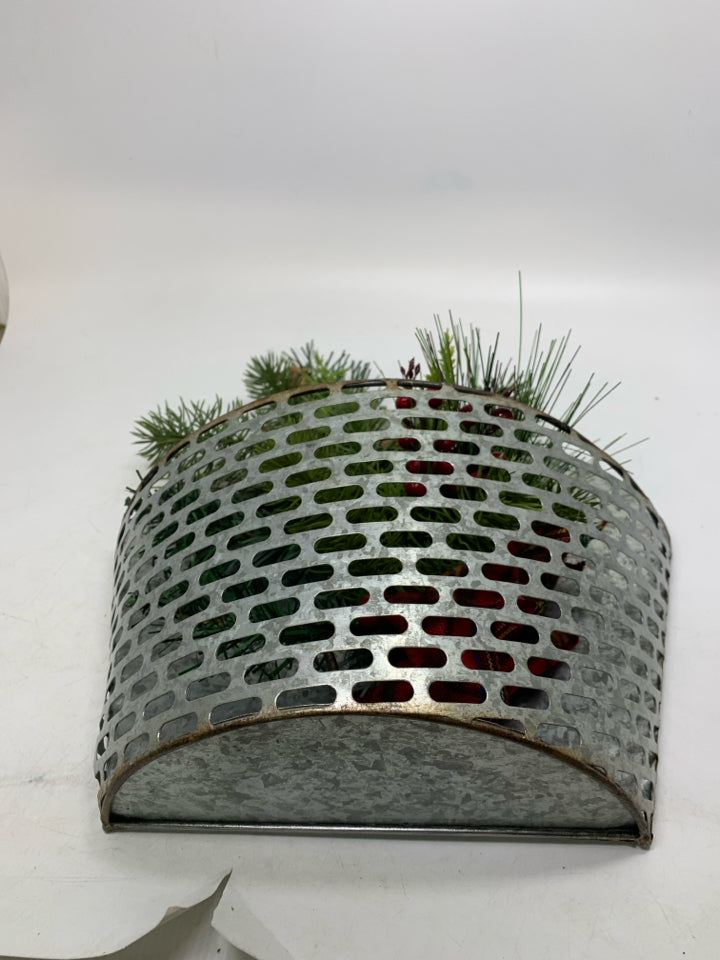 GALVANIZED SLOTTED WALL POCKET W/ WINTER BOUQUET.