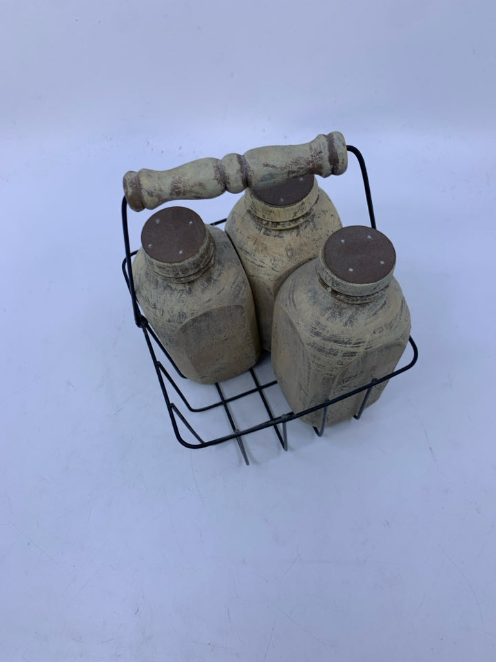4 RUSTIC WOOD MILK BOTTLES IN CRATE.