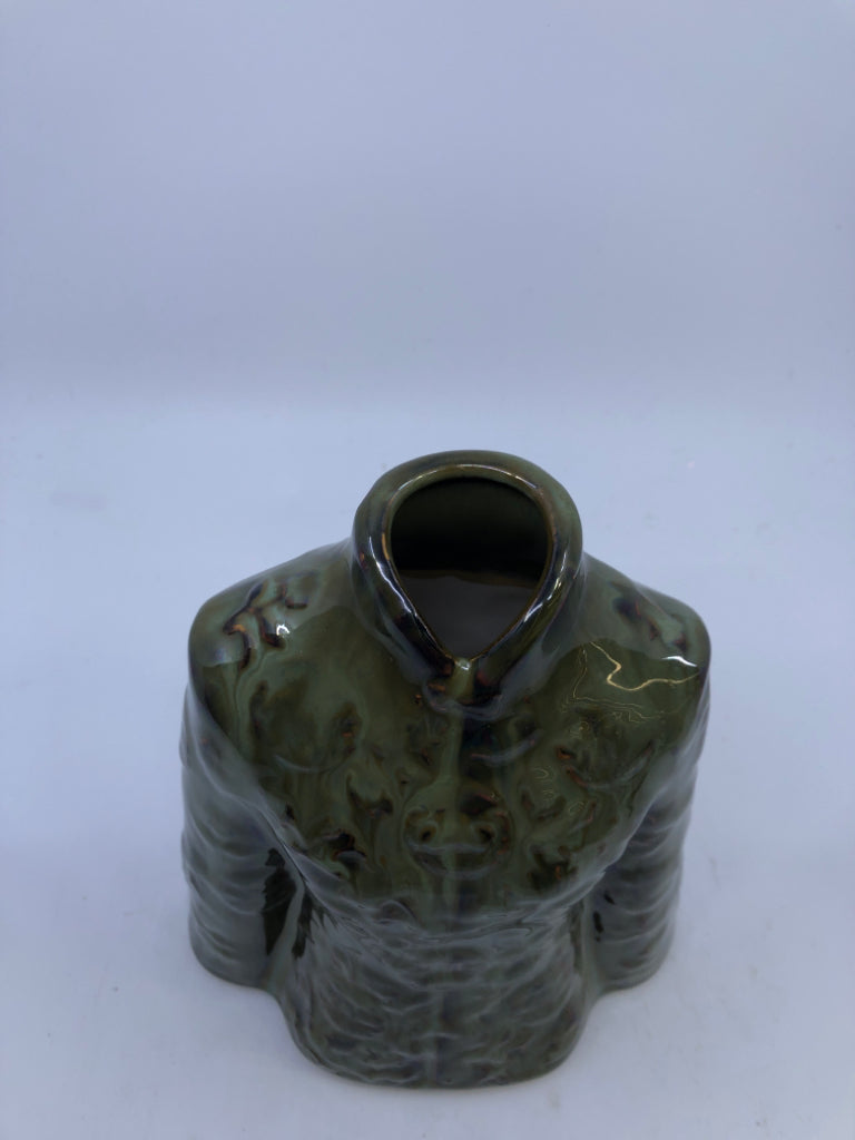 OLIVE GREEN JACKET SHAPED VASE.