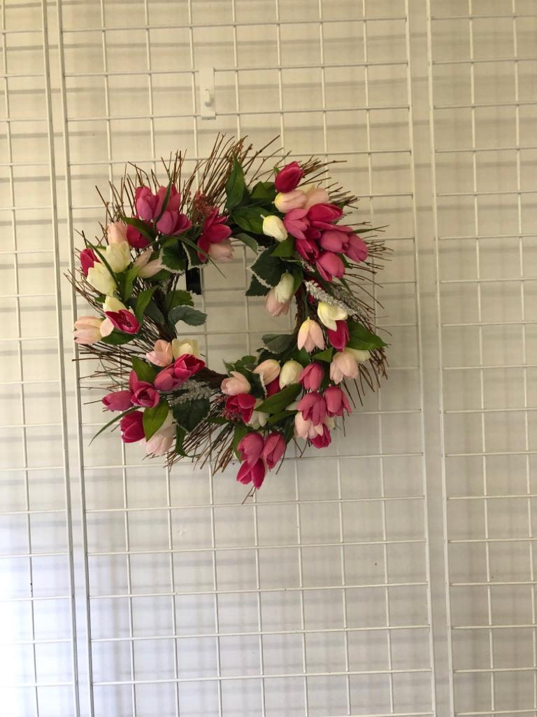 PINK FAUX TULIP FLORAL WREATH.