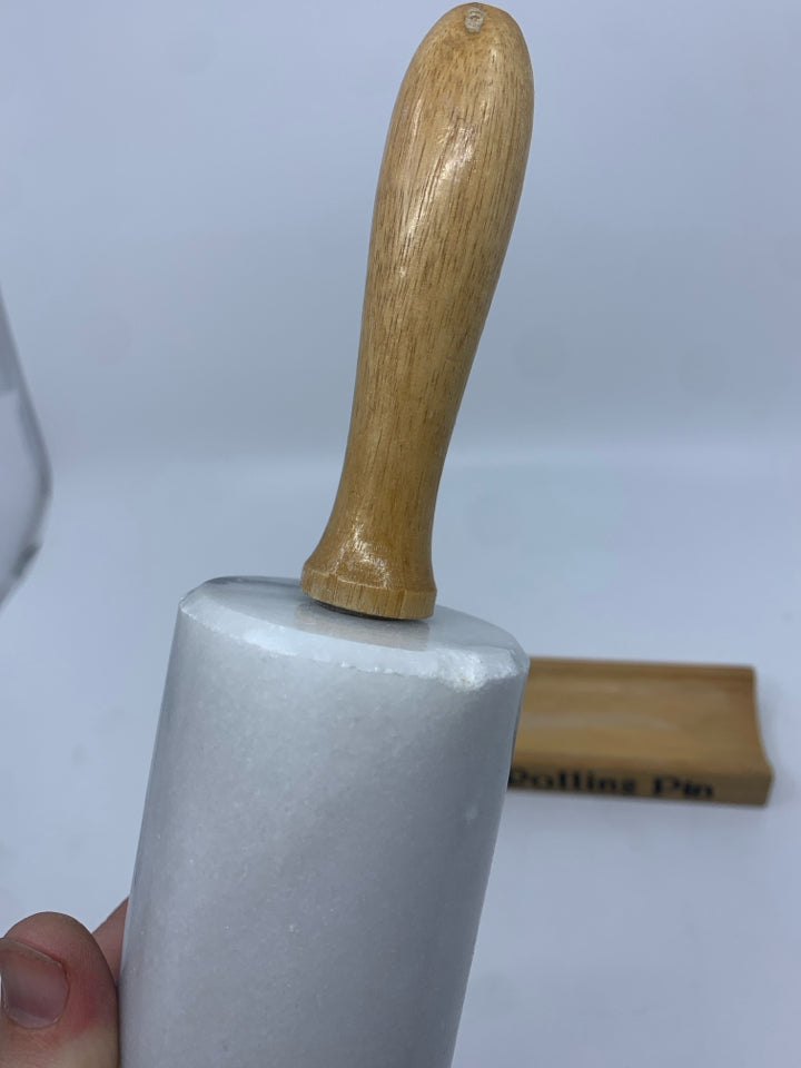 MARBLE GOURMET ROLLING PIN W WOOD BASE.