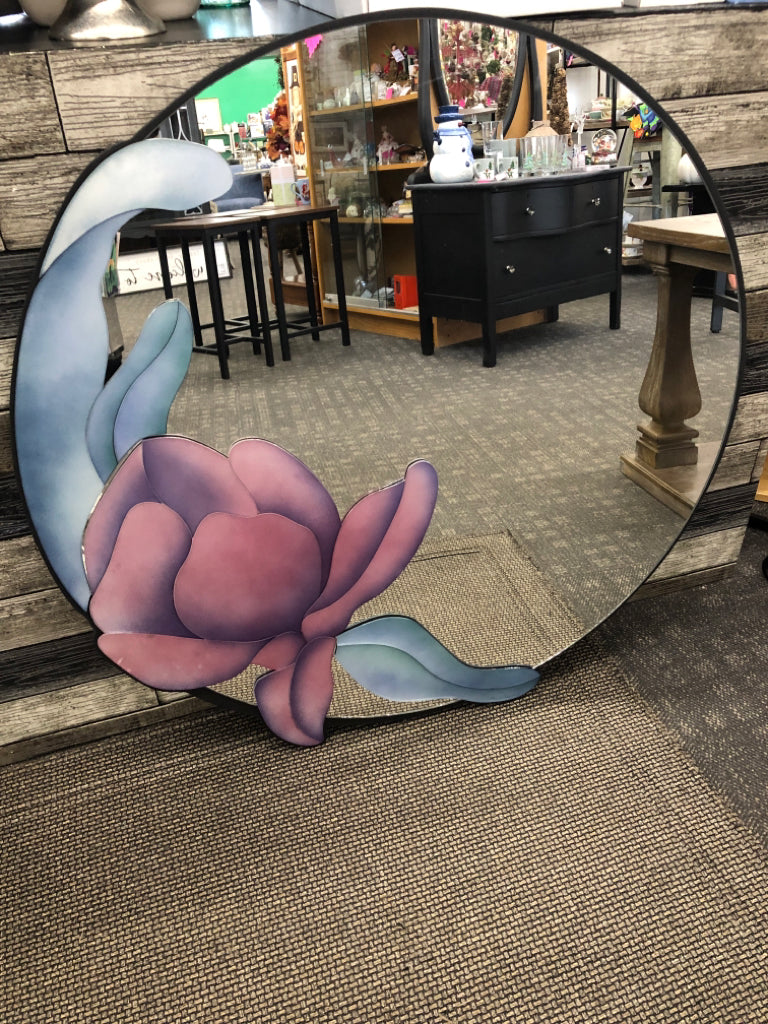 DAVID MARSHALL LARGE ROUND MIRROR W STAINED GLASS TULIP.