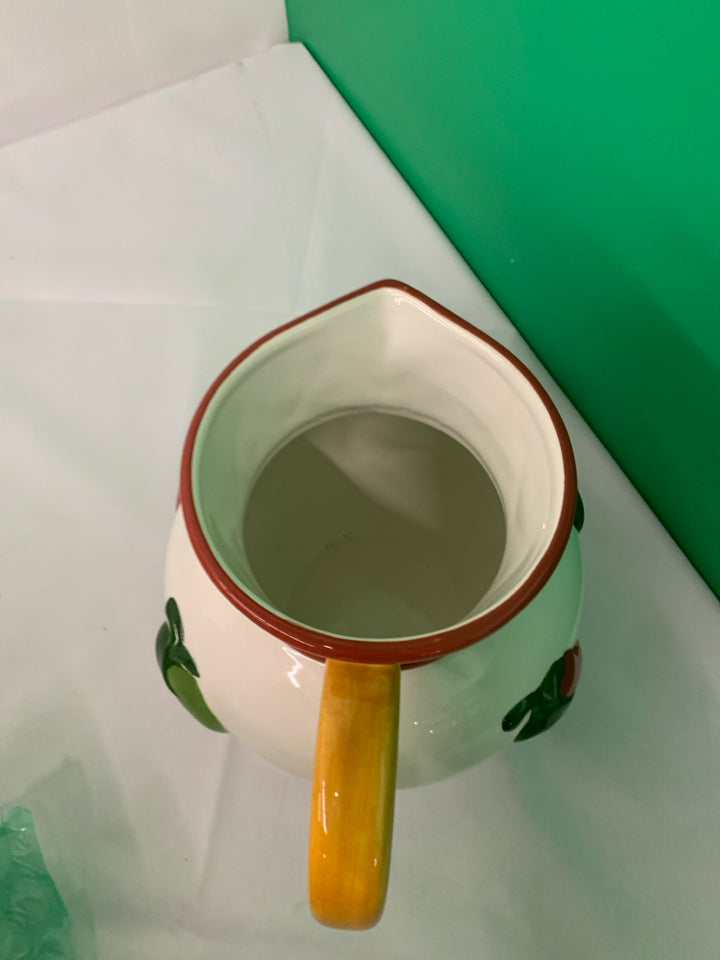 LARGE WHITE CLAY ART PITCHER W CHILI PEPPERS.