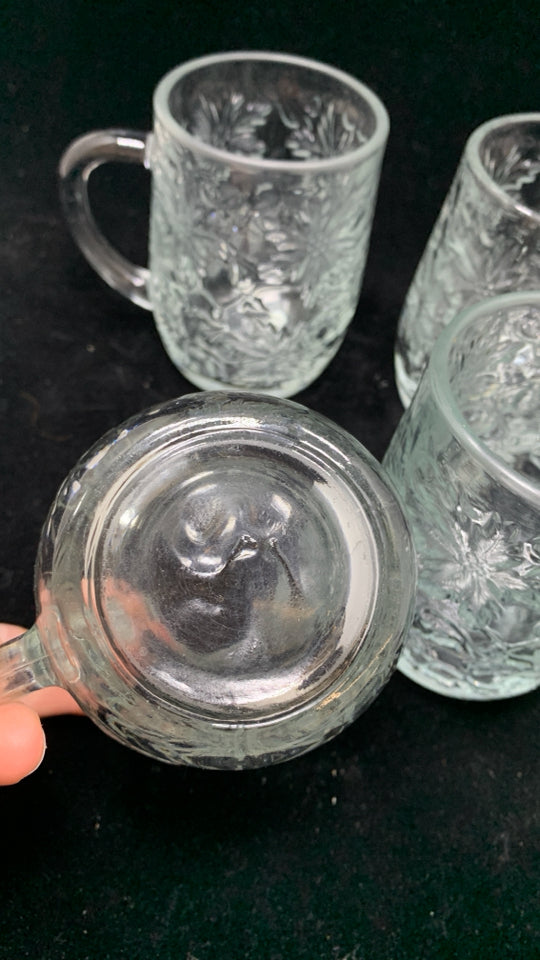 4 FLOWER FANTASIA EMBOSSED CUT GLASS MUGS.