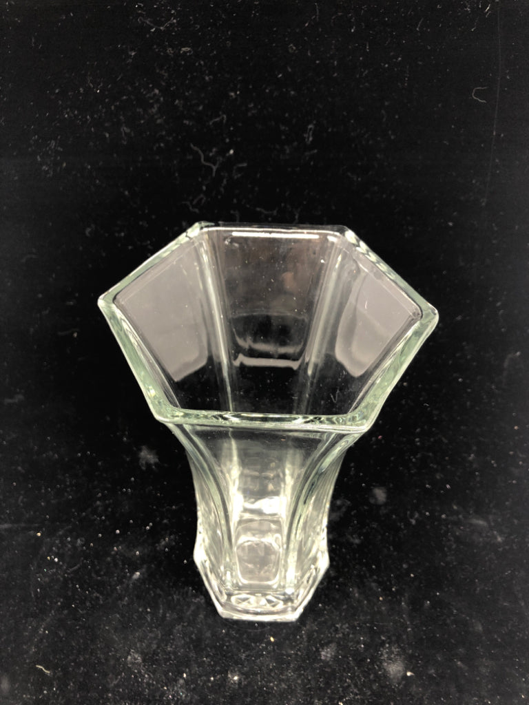 FLARED TOP GLASS HEXAGON SHAPE VASE.