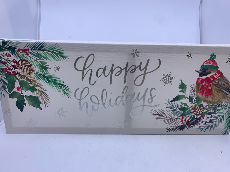 HAPPY HOLIDAYS W CHICKADEE CANVAS WALL ART.