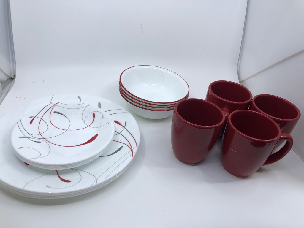 16 PC RED AND WHITE CORELLE DISH SET- SVC 4.