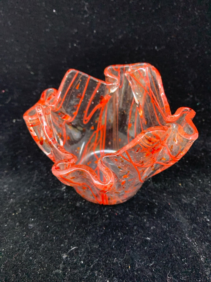 SMALL GLASS RED PAINT STRIPE BOWL.