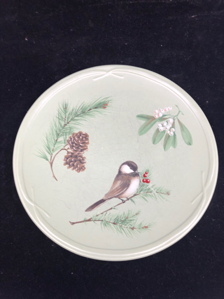 GREEN PLATTER W CHICKADEE.