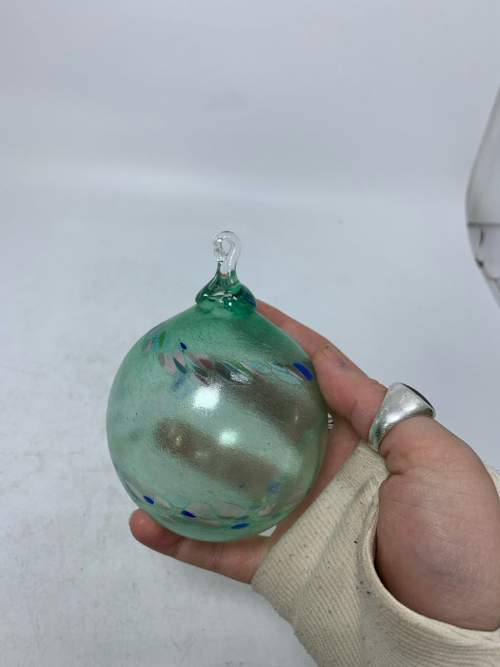 LIGHT GREEN BLOWN GLASS BLUE SPECKLED ORNAMENT *SIGNED.