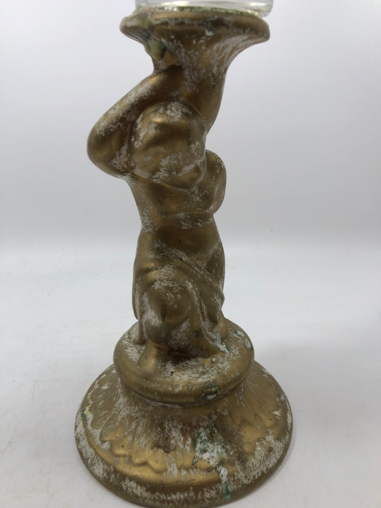 GOLD FINISHED CHERUB HURRICANE CANDLE HOLDER.