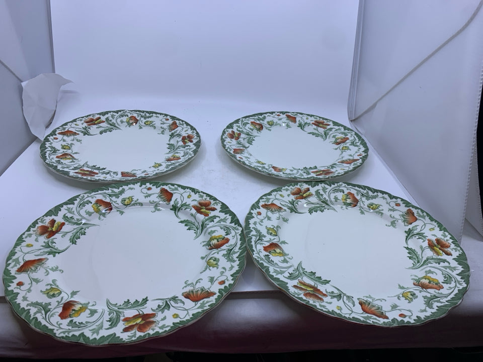 4 VTG GREEN ORANGE POPPIES DINNER PLATES- BURSLEM OPHIR.