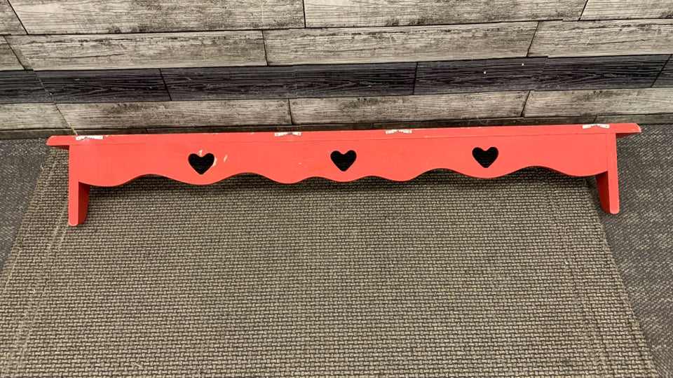 RED WOOD HEART CUTOUT SHELF W/COAT HOOKS.
