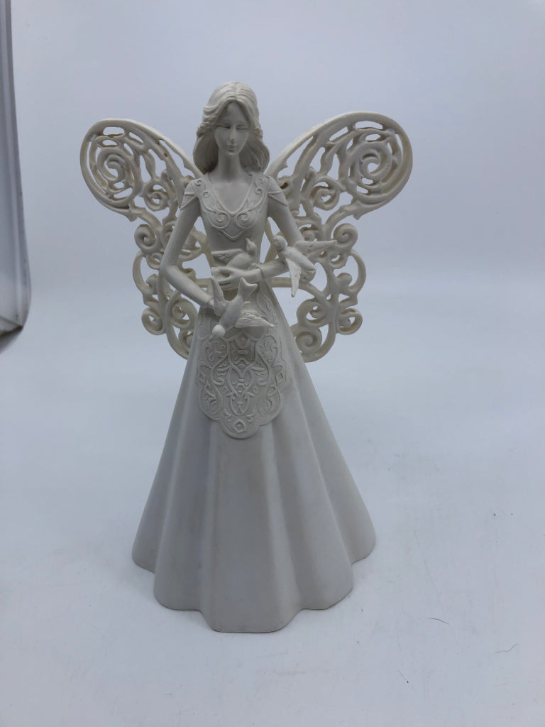 WHITE RESIN ANGEL W BIRDS.