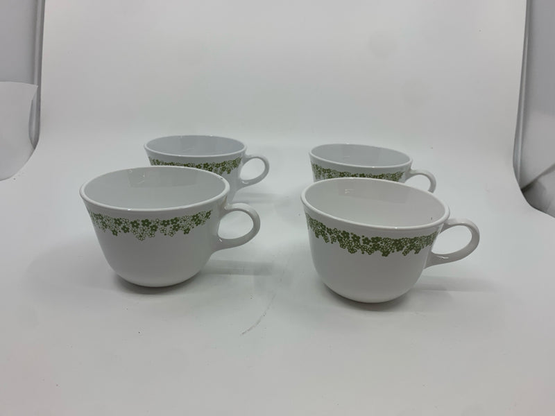 4 GREEN FLORAL CORELLE MUGS.