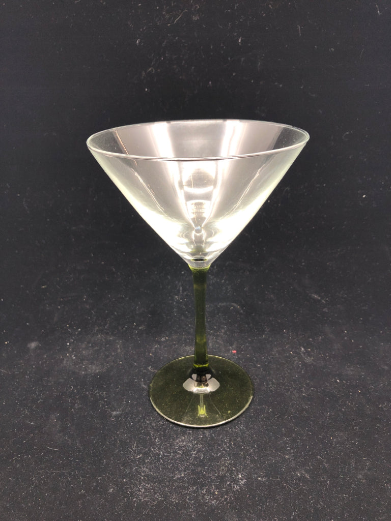 8 GREEN STEM MARTINI GLASSES.