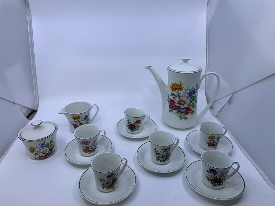 15 PC VTG PONTESA WHITE W/ GREEN RIM ASSORTED FLORAL TEA SET.
