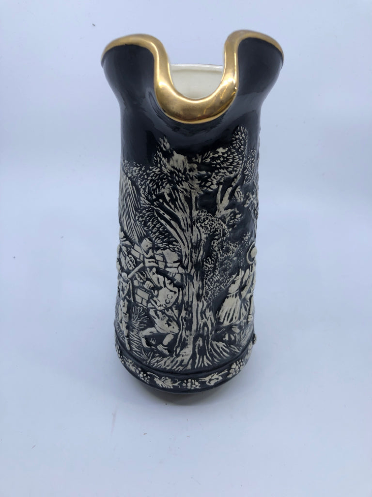 VTG BLACK W EMBOSSED PEOPLE DANCING PITCHER.