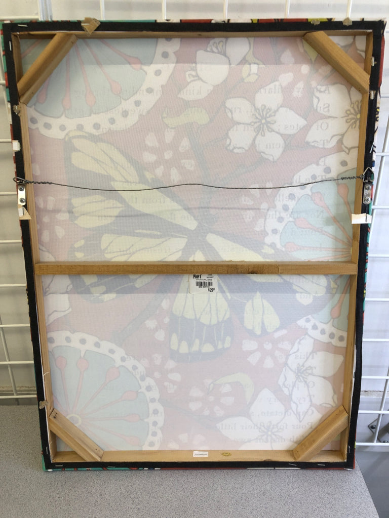 YELLOW BUTTERFLY CANVAS ON RED BACKGROUND, TEAL FLOWERS.