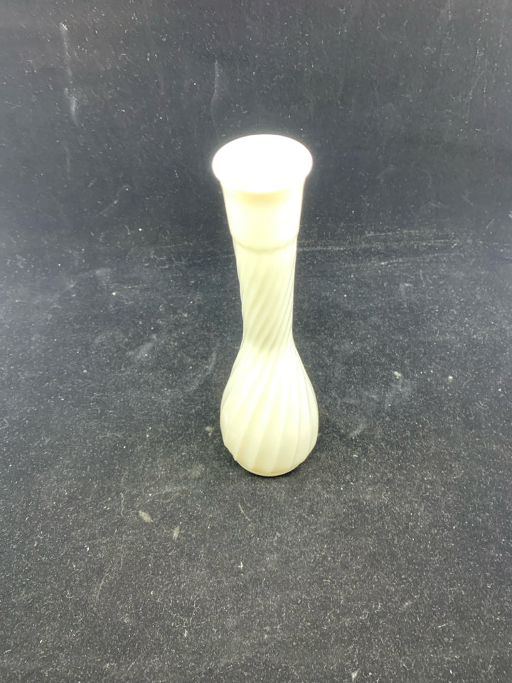 MILK GLASS VASE W/ SWIRL RIBBED / LONG NECK.