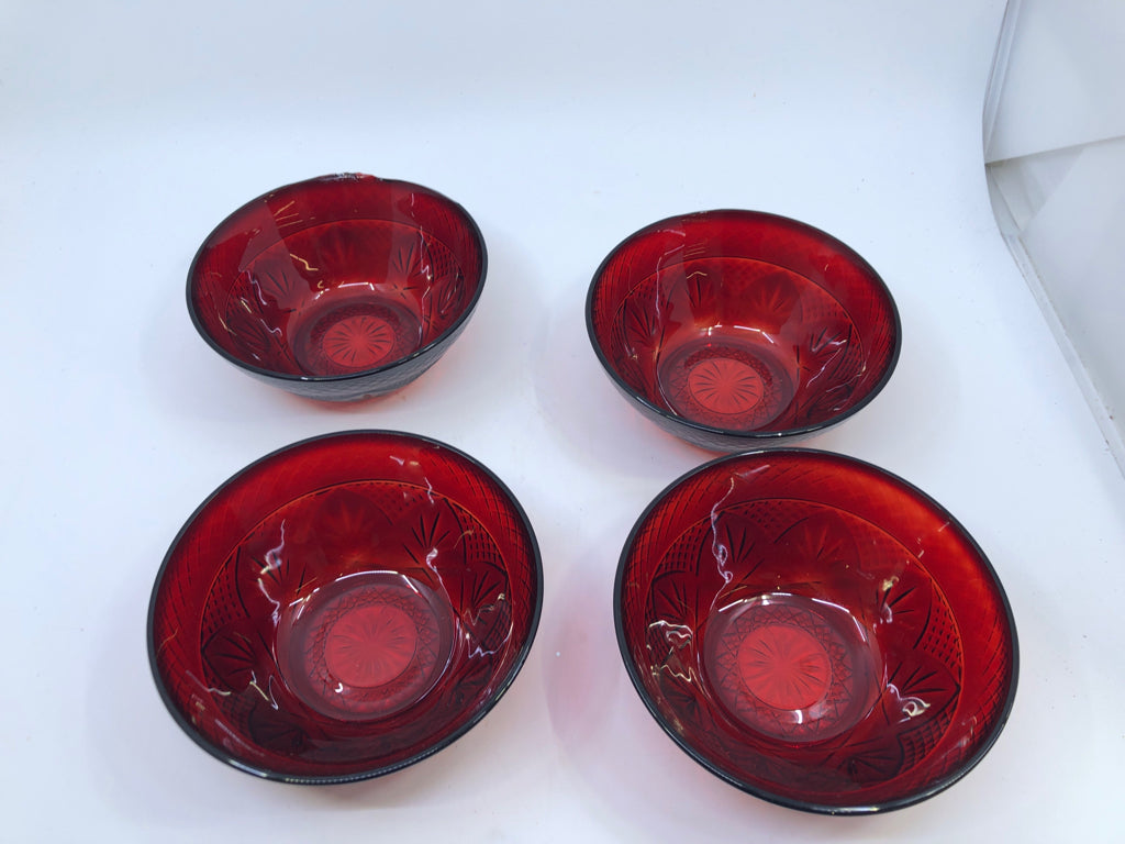 4 CRANBERRY GLASS CUT GLASS BOWLS.