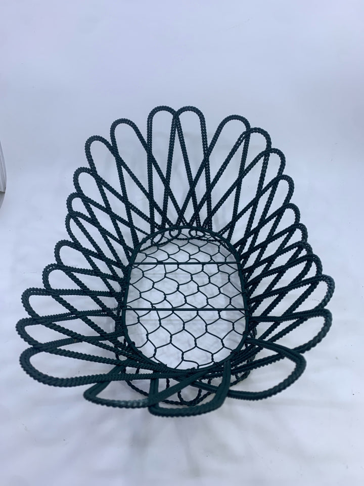DARK GREEN WIRE BASKET FLARED TOP.