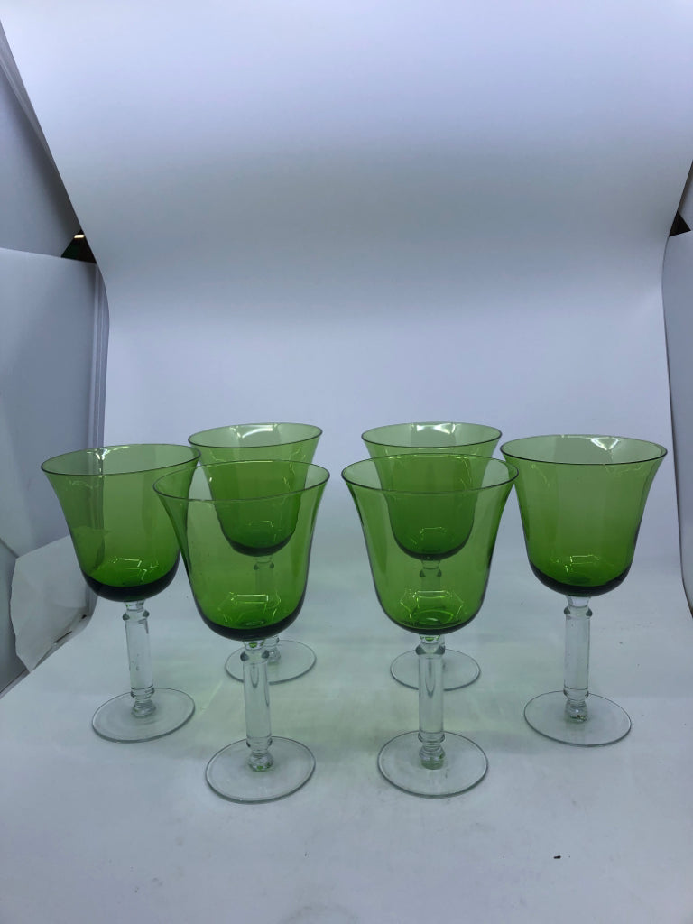 6 LARGE GREEN GLASS WINE GLASSES W/ CLEAR STEMS.