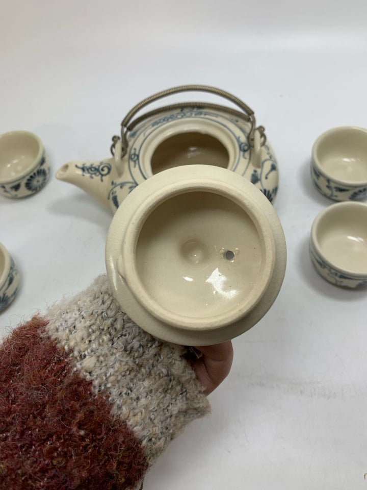 5 PC CREAM W/ BLUE FLORAL DETAIL JOYCE CHEN ASIAN STYLE TEA SET METAL HANDLES.
