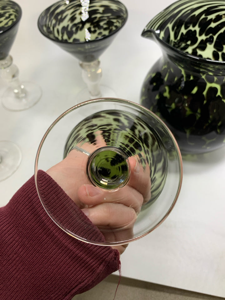 5 PC GREEN SPECKLED 4 MARTINI GLASSES & PITCHER.