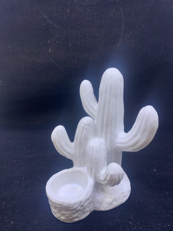 WHITE CERAMIC CACTUS TEA LIGHT HOLDER.