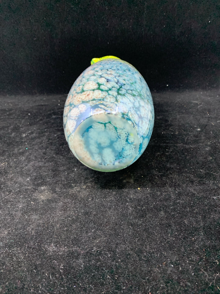 YELLOW,BLUE BLOWN GLASS ROOSTER VASE.