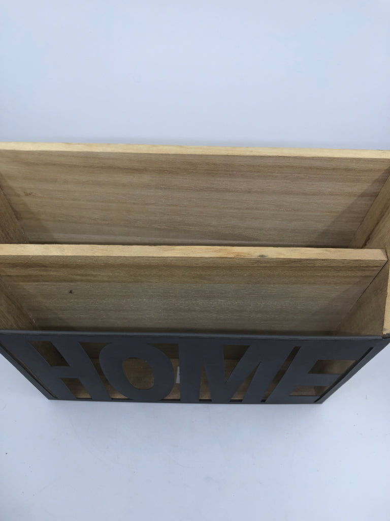 WOOD 2 SLOT MAIL FILE W/ GREY METAL CUTOUT HOME FRONT.