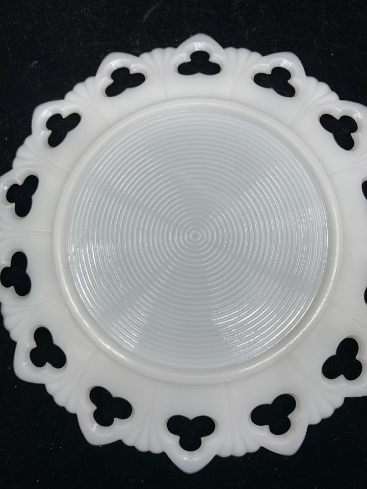 VTG MILK GLASS TRAY- PIERCED LACE EDGE.