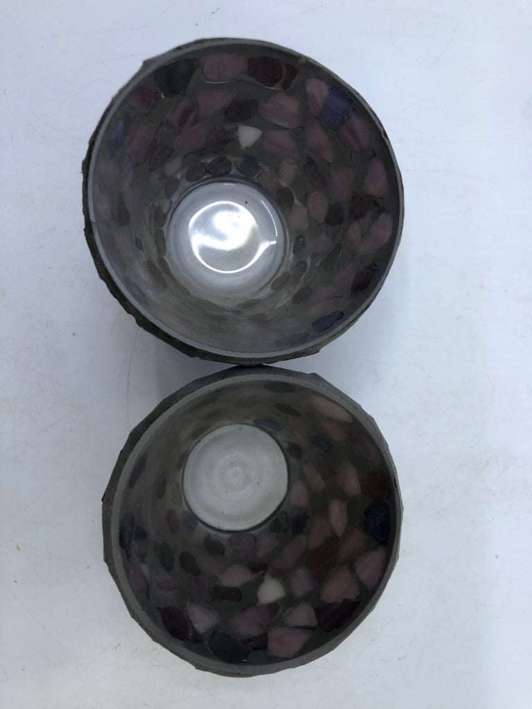 2 PURPLE MOSAIC PURPLE GLASS TEA LIGHT HOLDERS.