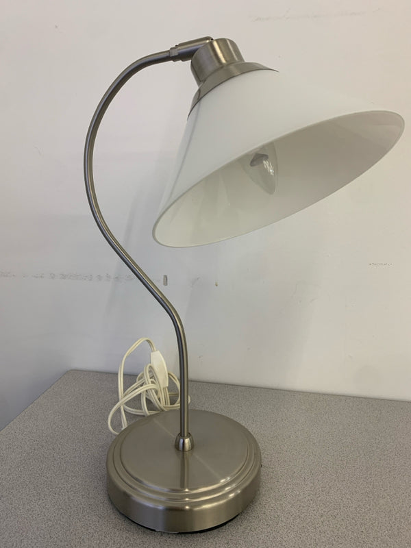 SILVER DESK LAMP WITH WHITE GLASS SHADE.
