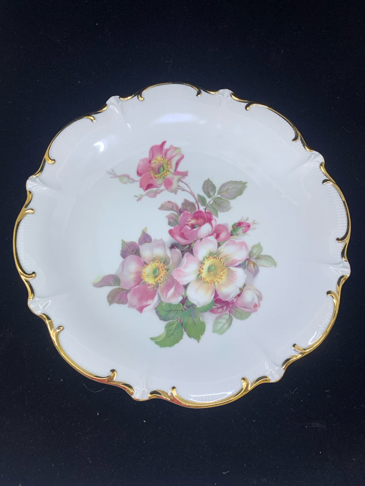 VTG PINK FLOWERS, GOLD SCALLOP RIM SERVING PLATE.