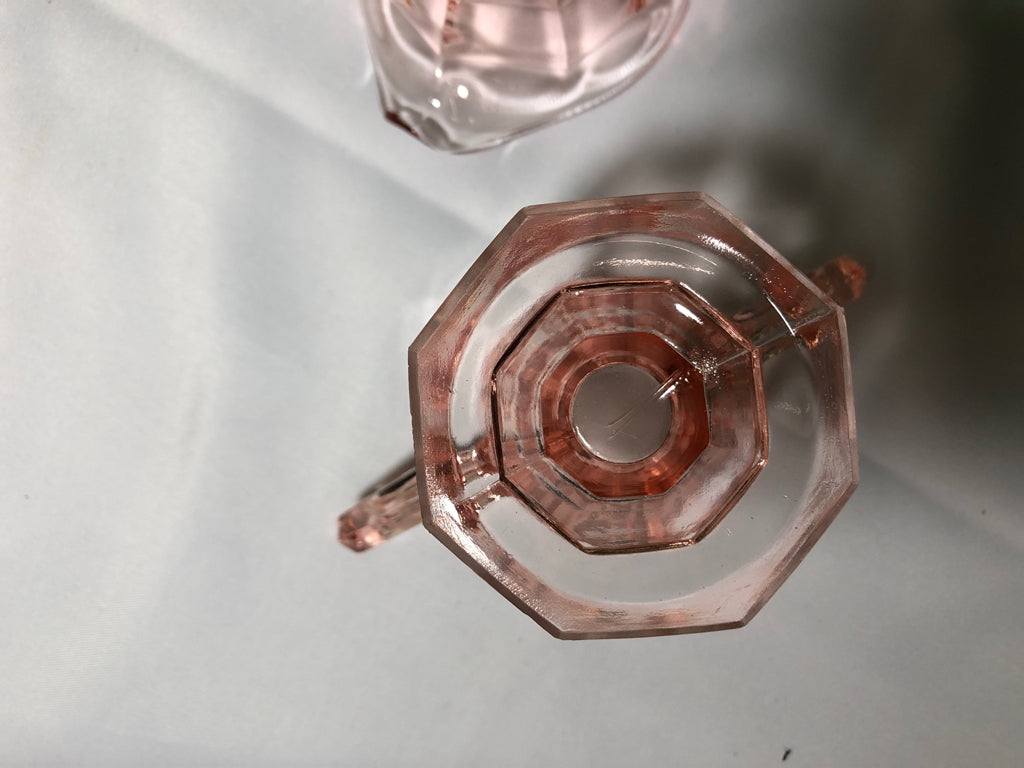 3PC VTG PINK DEPRESSION GLASS SUGAR AND CREAMER SET W STAND.