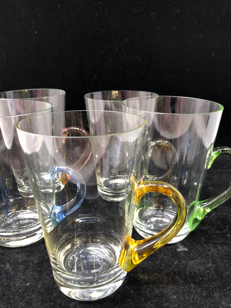 5 GLASS DRINKING CUPS W COLORED HANDLES.